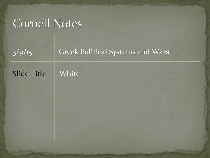 Cornell Notes 3/9/15 Greek Political Systems and Wars Slide Title White 
