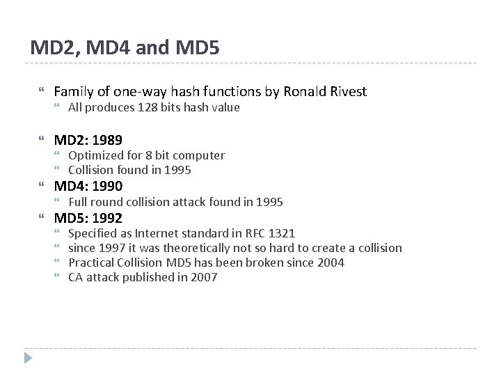 MD 2, MD 4 and MD 5 Family of one-way hash functions by Ronald