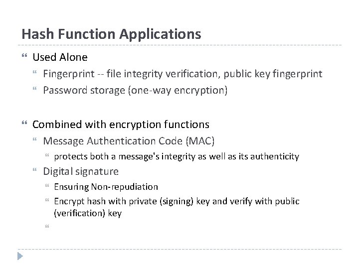 Hash Function Applications Used Alone Fingerprint -- file integrity verification, public key fingerprint Password