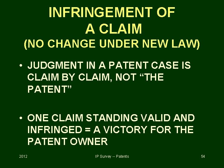 INFRINGEMENT OF A CLAIM (NO CHANGE UNDER NEW LAW) • JUDGMENT IN A PATENT