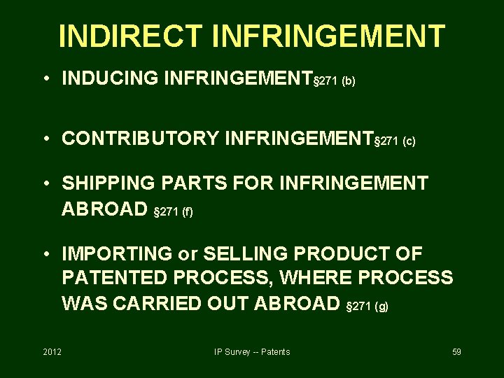 INDIRECT INFRINGEMENT • INDUCING INFRINGEMENT§ 271 (b) • CONTRIBUTORY INFRINGEMENT§ 271 (c) • SHIPPING