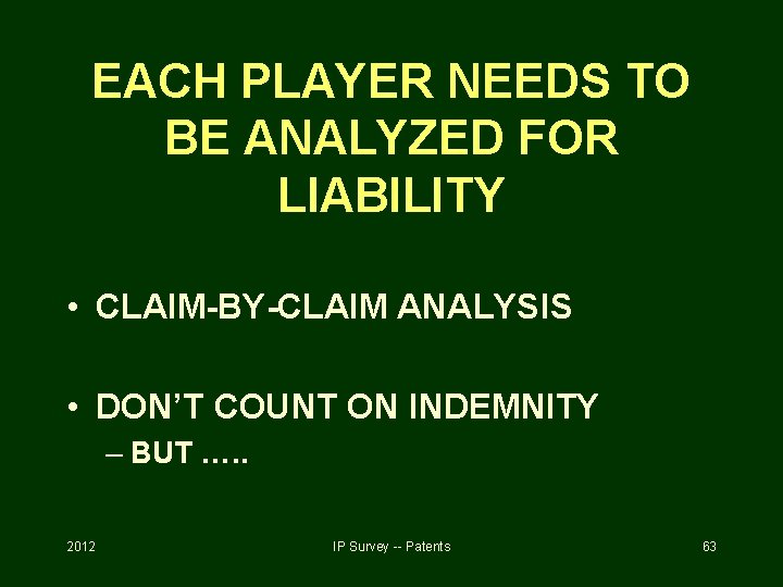 EACH PLAYER NEEDS TO BE ANALYZED FOR LIABILITY • CLAIM-BY-CLAIM ANALYSIS • DON’T COUNT
