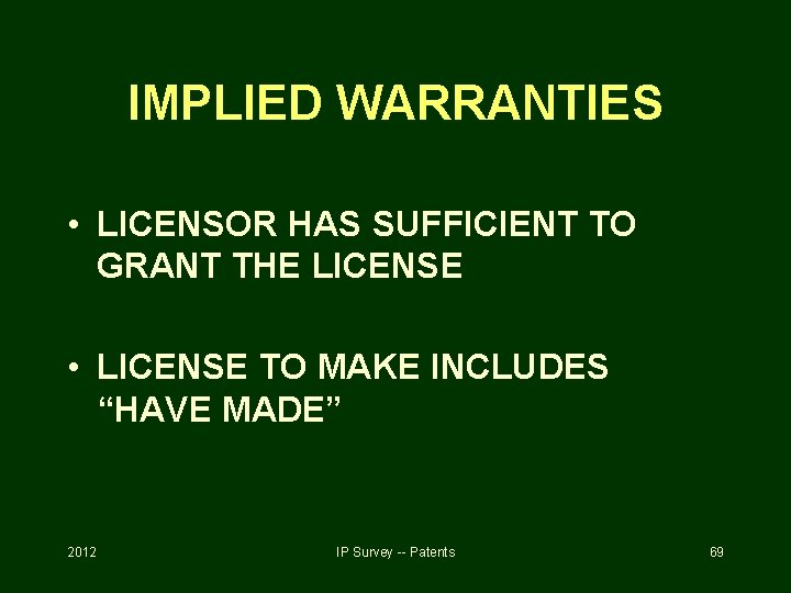 IMPLIED WARRANTIES • LICENSOR HAS SUFFICIENT TO GRANT THE LICENSE • LICENSE TO MAKE