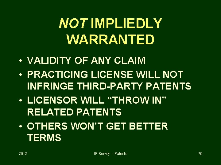 NOT IMPLIEDLY WARRANTED • VALIDITY OF ANY CLAIM • PRACTICING LICENSE WILL NOT INFRINGE