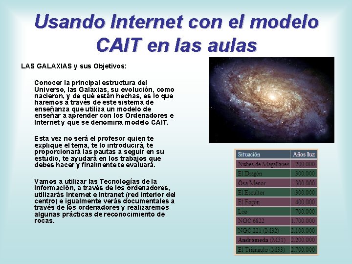 Usando Internet con el modelo CAIT en las aulas LAS GALAXIAS y sus Objetivos:
