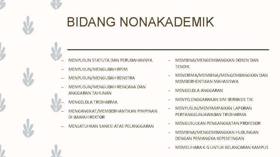 BIDANG NONAKADEMIK – MENYUSUN STATUTA DAN PERUBAHANNYA – MENYUSUN/MENGUBAH RPJM – MENYUSUN/MENGUBAH RENSTRA –