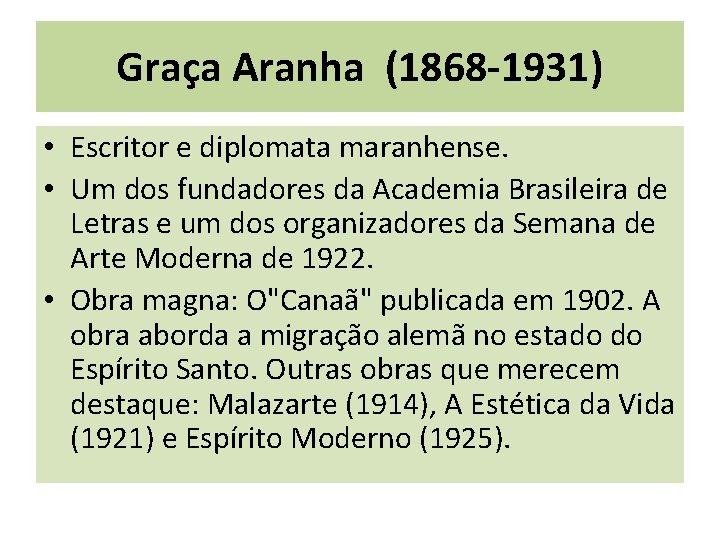 Graça Aranha (1868 -1931) • Escritor e diplomata maranhense. • Um dos fundadores da