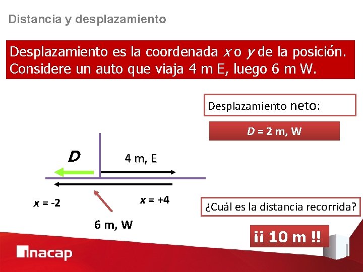 Distancia y desplazamiento Desplazamiento es la coordenada x o y de la posición. Considere