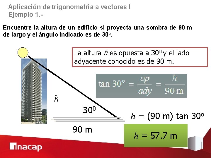 Aplicación de trigonometría a vectores I Ejemplo 1. Encuentre la altura de un edificio
