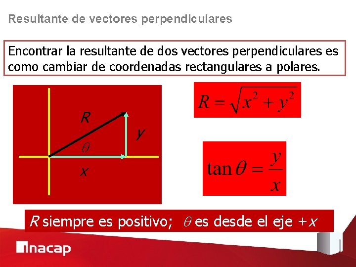Resultante de vectores perpendiculares Encontrar la resultante de dos vectores perpendiculares es como cambiar