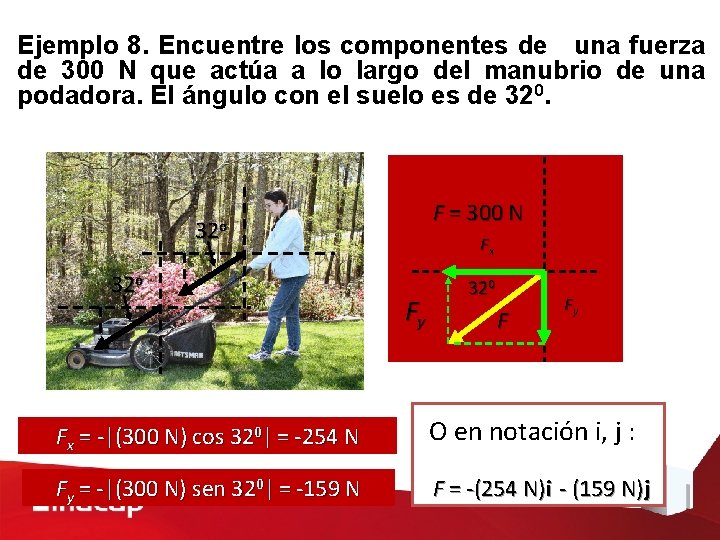 Ejemplo 8. Encuentre los componentes de una fuerza de 300 N que actúa a