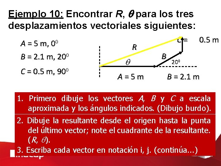 Ejemplo 10: Encontrar R, para los tres desplazamientos vectoriales siguientes: A = 5 m,