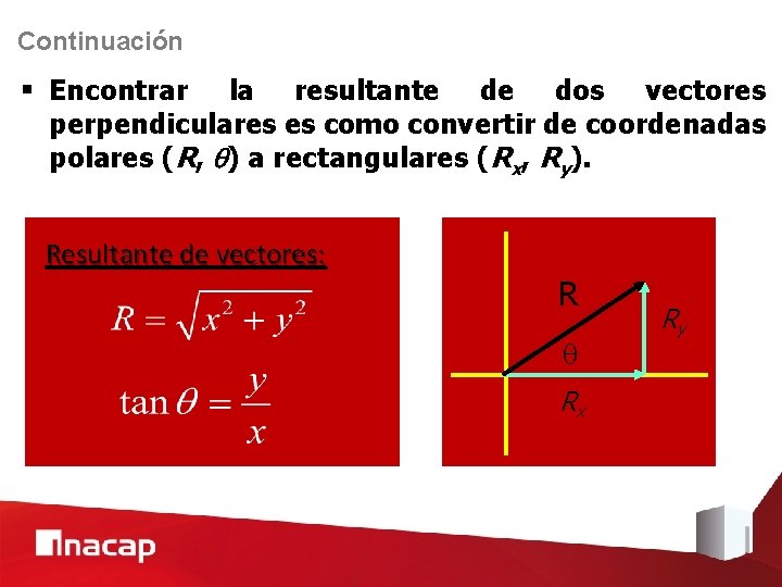 Continuación § Encontrar la resultante de dos vectores perpendiculares es como convertir de coordenadas