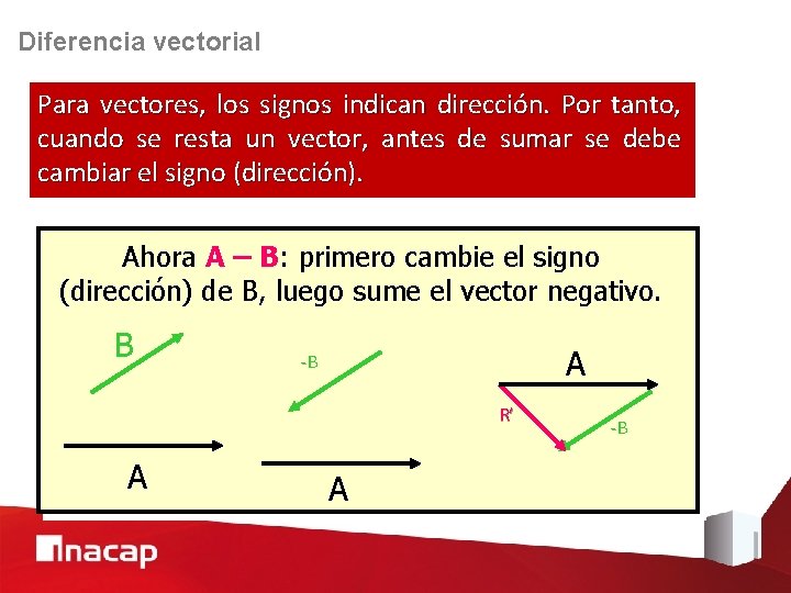 Diferencia vectorial Para vectores, los signos indican dirección. Por tanto, cuando se resta un