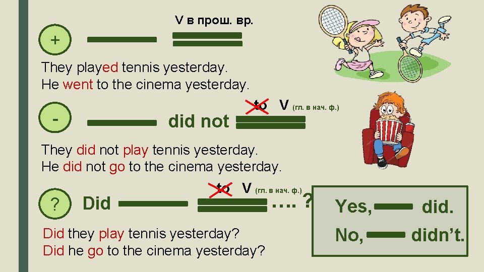 V в прош. вр. + They played tennis yesterday. He went to the cinema