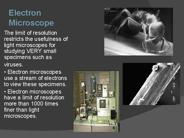 Electron Microscope The limit of resolution restricts the usefulness of light microscopes for studying