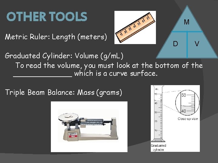 OTHER TOOLS Metric Ruler: Length (meters) M D V Graduated Cylinder: Volume (g/m. L)