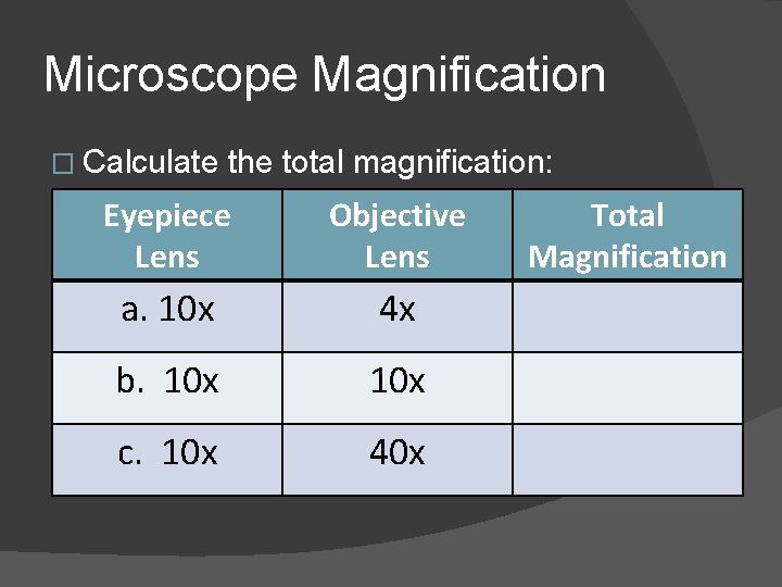 Microscope Magnification � Calculate the total magnification: Eyepiece Lens Objective Lens a. 10 x