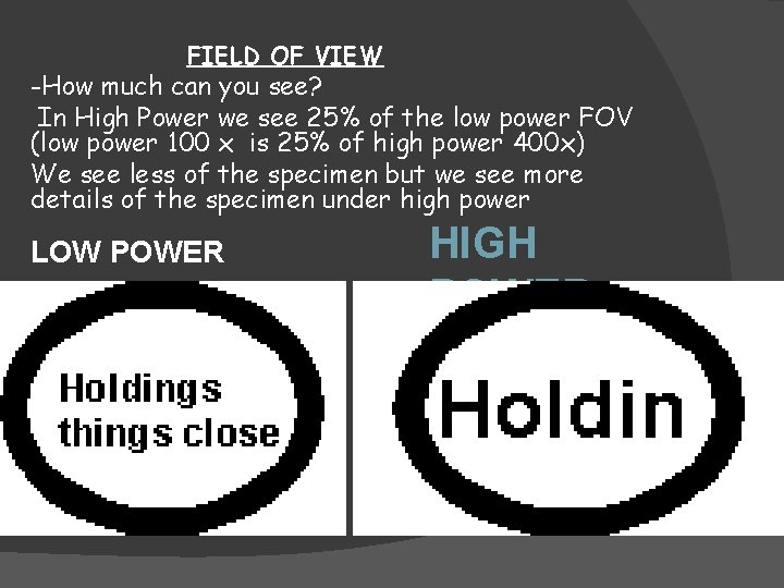 FIELD OF VIEW -How much can you see? In High Power we see 25%