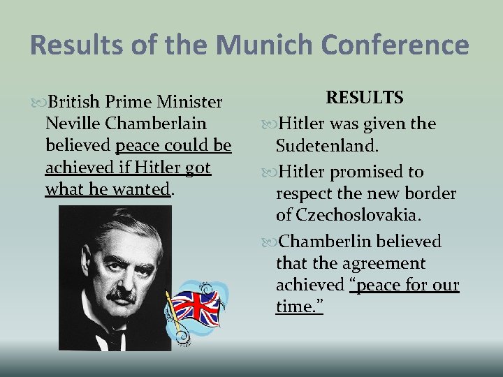 Results of the Munich Conference British Prime Minister Neville Chamberlain believed peace could be Results of the Munich Conference British Prime Minister Neville Chamberlain believed peace could be