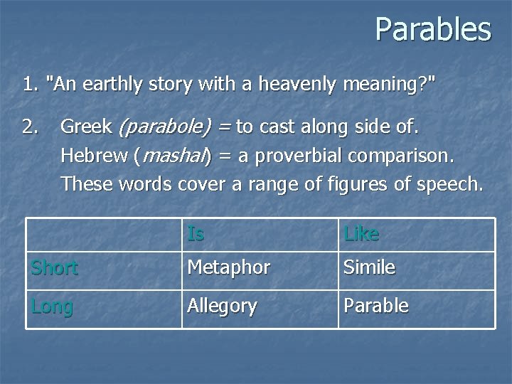 Parables 1. "An earthly story with a heavenly meaning? " 2. Greek (parabole) =
