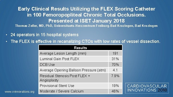 Early Clinical Results Utilizing the FLEX Scoring Catheter in 100 Femoropopliteal Chronic Total Occlusions.