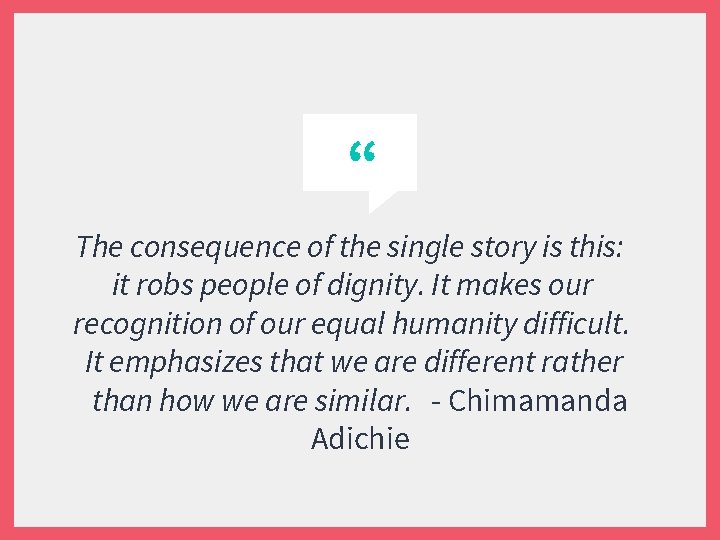 “ The consequence of the single story is this: it robs people of dignity.