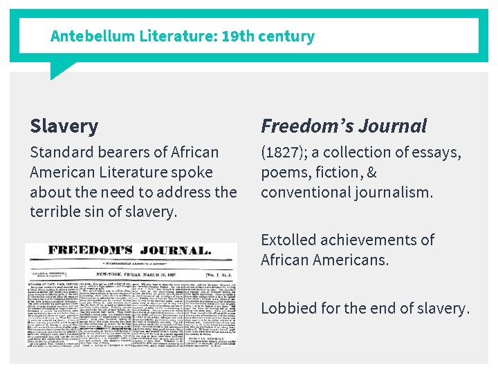 Antebellum Literature: 19 th century Slavery Freedom’s Journal Standard bearers of African American Literature