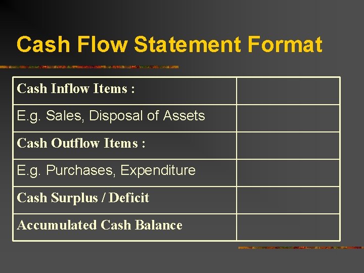 Cash Flow Statement Format Cash Inflow Items : E. g. Sales, Disposal of Assets