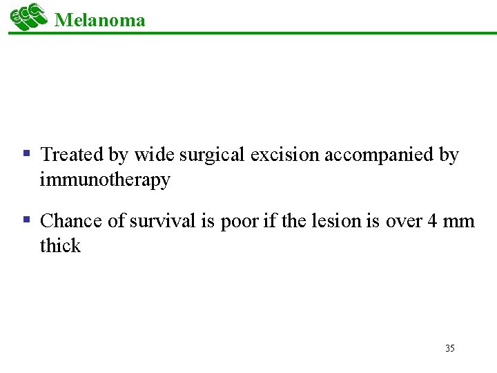 Melanoma § Treated by wide surgical excision accompanied by immunotherapy § Chance of survival