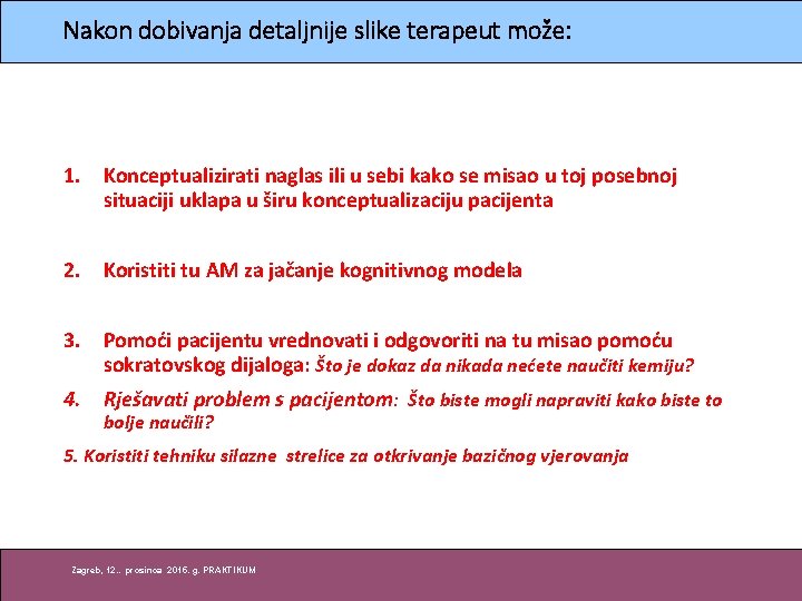 Nakon dobivanja detaljnije slike terapeut može: 1. Konceptualizirati naglas ili u sebi kako se