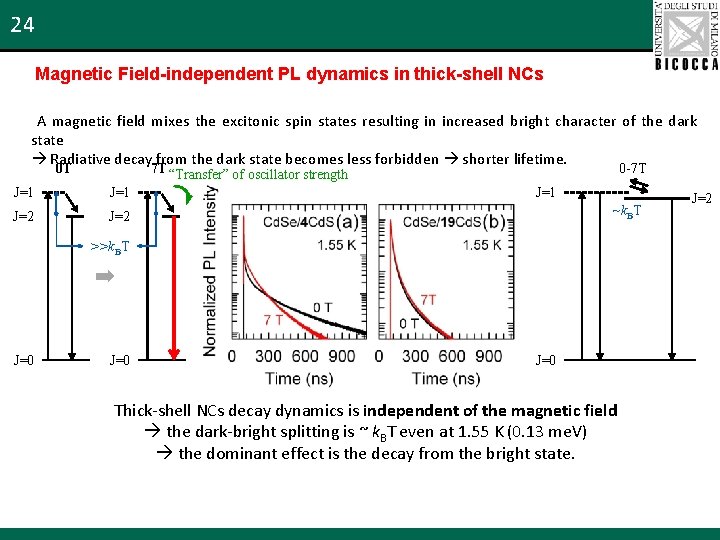 24 Magnetic Field-independent PL dynamics in thick-shell NCs A magnetic field mixes the excitonic