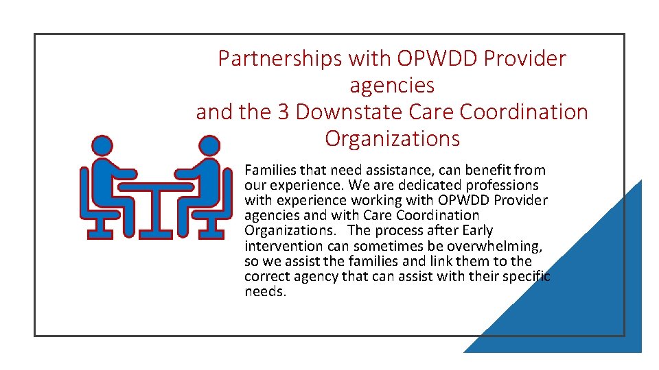 Partnerships with OPWDD Provider agencies and the 3 Downstate Care Coordination Organizations Families that