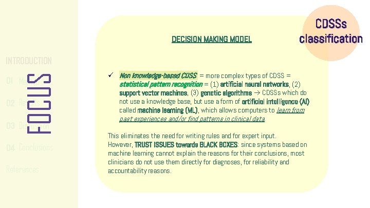 DECISION MAKING MODEL CDSSs classification FOCUS INTRODUCTION 01 Method 02 Results 03 Discussion 04 DECISION MAKING MODEL CDSSs classification FOCUS INTRODUCTION 01 Method 02 Results 03 Discussion 04