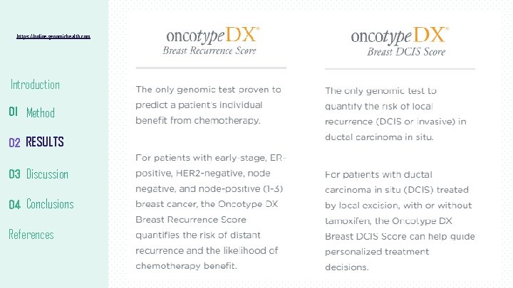 https: //online. genomichealth. com Introduction 01 Method 02 RESULTS 03 Discussion 04 Conclusions References https: //online. genomichealth. com Introduction 01 Method 02 RESULTS 03 Discussion 04 Conclusions References