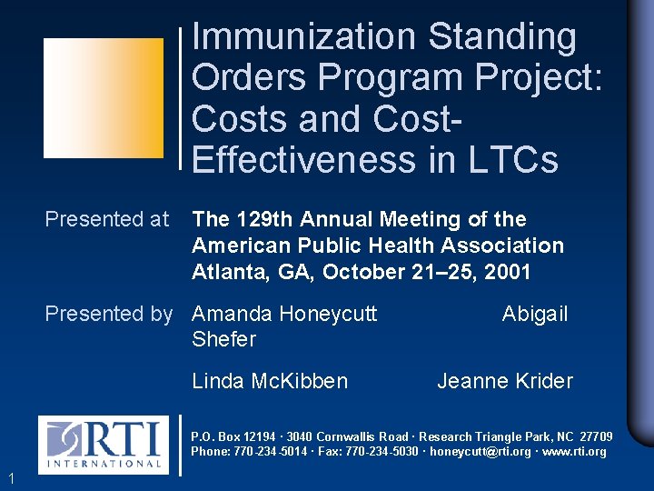 Immunization Standing Orders Program Project Costs and Cost