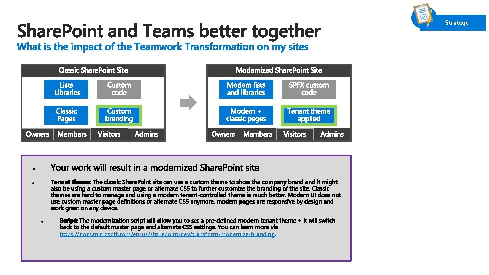 Strategy https: //docs. microsoft. com/en-us/sharepoint/dev/transform/modernize-branding 