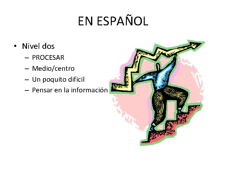 EN ESPAÑOL • Nivel dos – – PROCESAR Medio/centro Un poquito dificil Pensar en