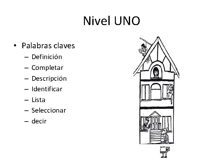 Nivel UNO • Palabras claves – – – – Definición Completar Descripción Identificar Lista