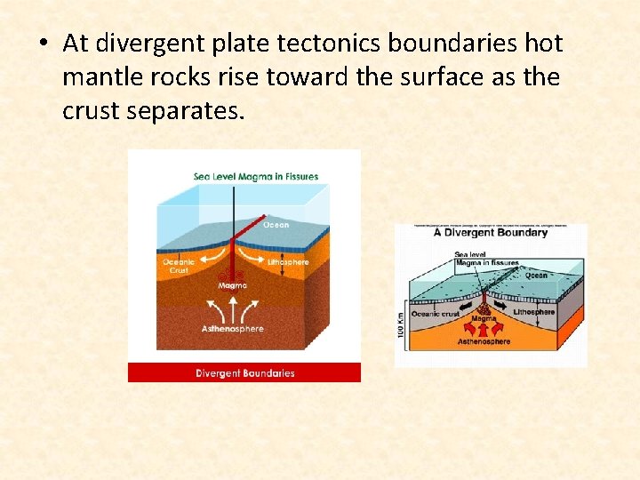  • At divergent plate tectonics boundaries hot mantle rocks rise toward the surface