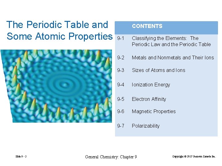 The Periodic Table and Some Atomic Properties Slide 9 - 2 CONTENTS 9 -1