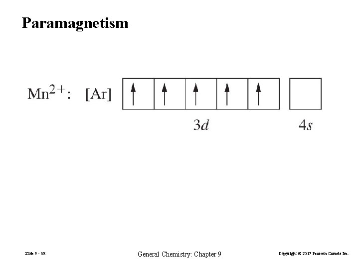 Paramagnetism Slide 9 - 38 General Chemistry: Chapter 9 Copyright © 2017 Pearson Canada