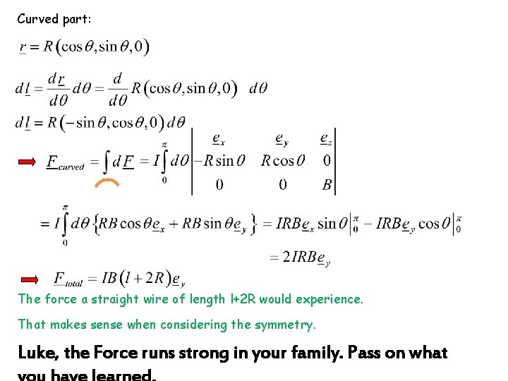 Curved part: The force a straight wire of length l+2 R would experience. That Curved part: The force a straight wire of length l+2 R would experience. That