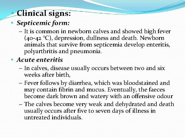  • Clinical signs: • Septicemic form: – It is common in newborn calves