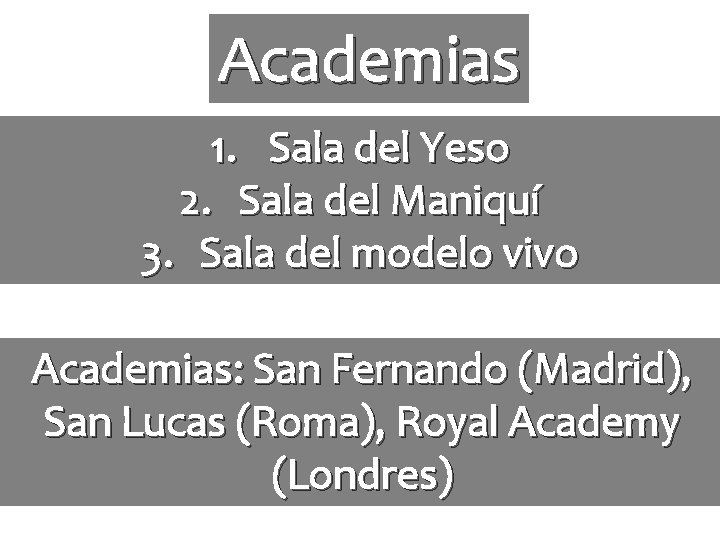 Academias 1. Sala del Yeso 2. Sala del Maniquí 3. Sala del modelo vivo