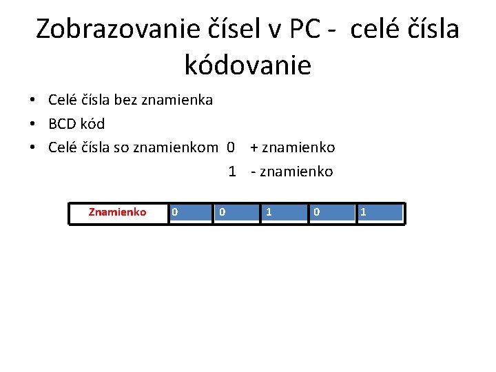 Zobrazovanie čísel v PC - celé čísla kódovanie • Celé čísla bez znamienka •