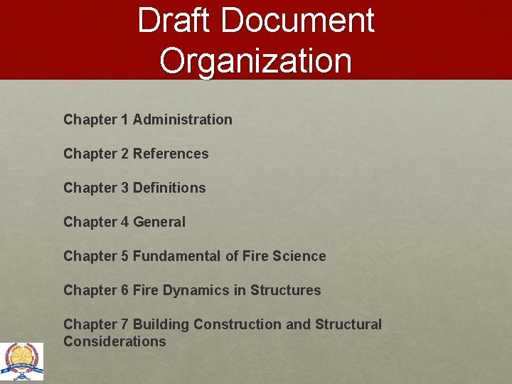 Draft Document Organization Chapter 1 Administration Chapter 2 References Chapter 3 Definitions Chapter 4