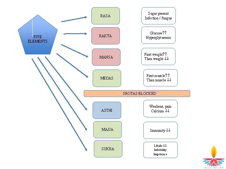FIVE ELEMENTS RASA Sugar present Infection / fungus RAKTA Glucose Hyperglycaemia MANSA MEDAS First