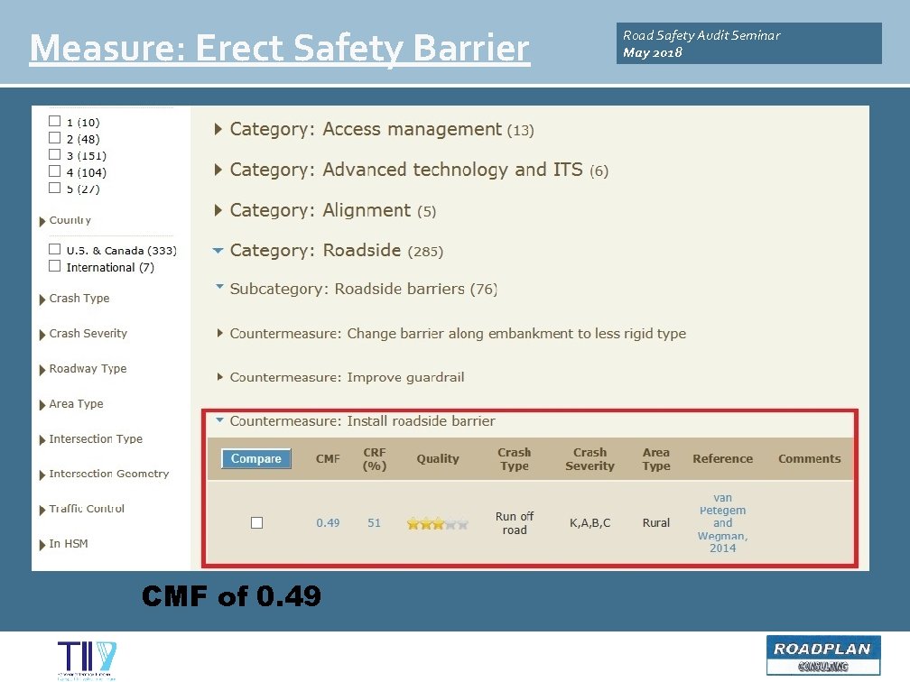 Measure: Erect Safety Barrier CMF of 0. 49 Road Safety Audit Seminar May 2018