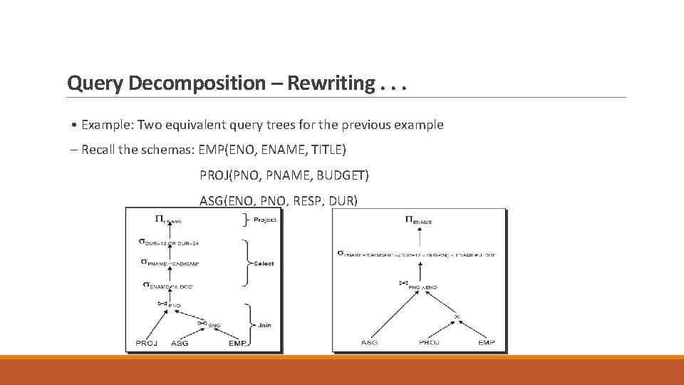 Query Decomposition – Rewriting. . . • Example: Two equivalent query trees for the